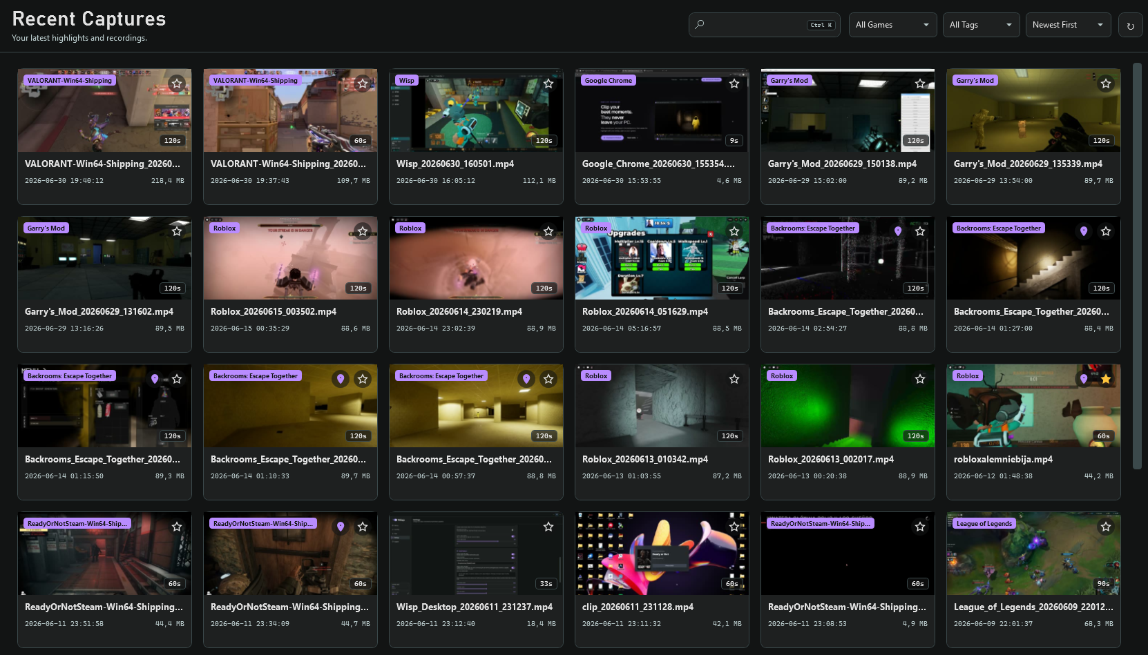 A library of saved clips arranged in a grid